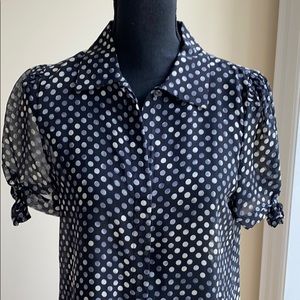 Theory black and white polka dot sheer button down